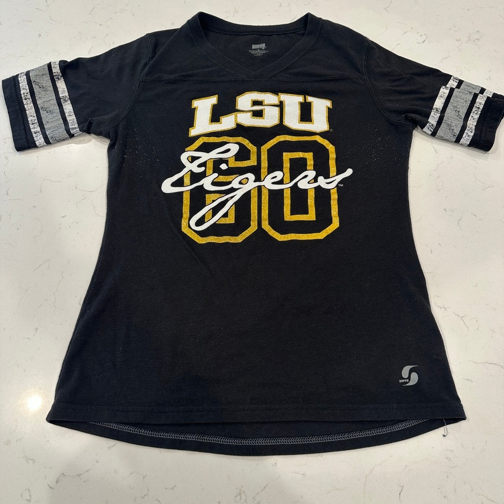 Soffe LSU Tigers Womens Black V-Neck Jersey T-Shirt Glitter Louisiana Ste Large